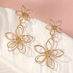 Double Flower Gold Toned Dangle Stud Earrings